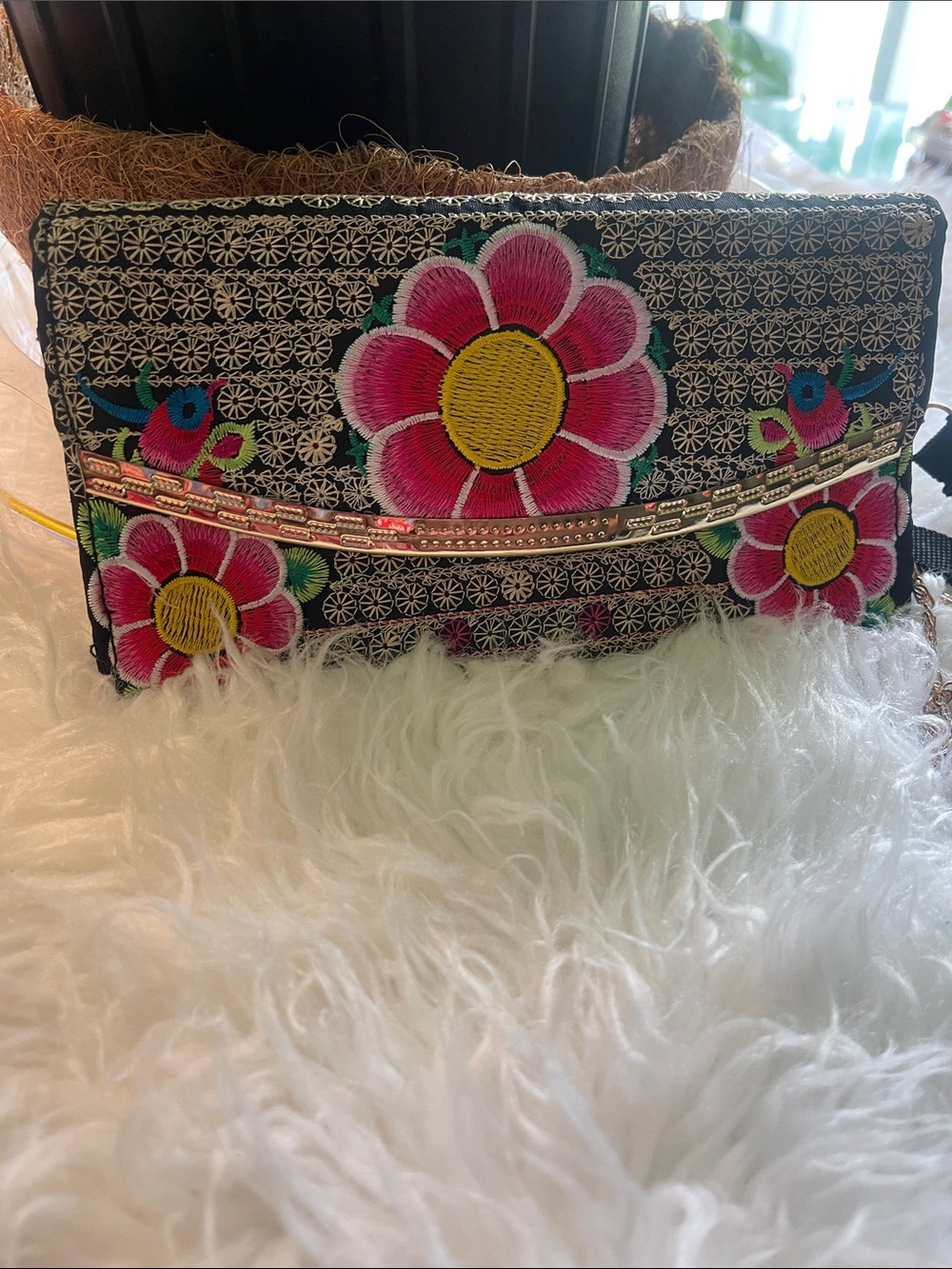 Embroidered Floral Black Clutch with Gold Chain